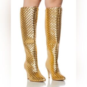Azalea Wang Metallic Gold Woven Leather Knee High Boots